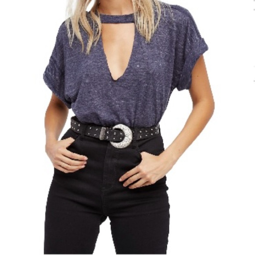 Free People Deep Blue Choker V-Neck Tee